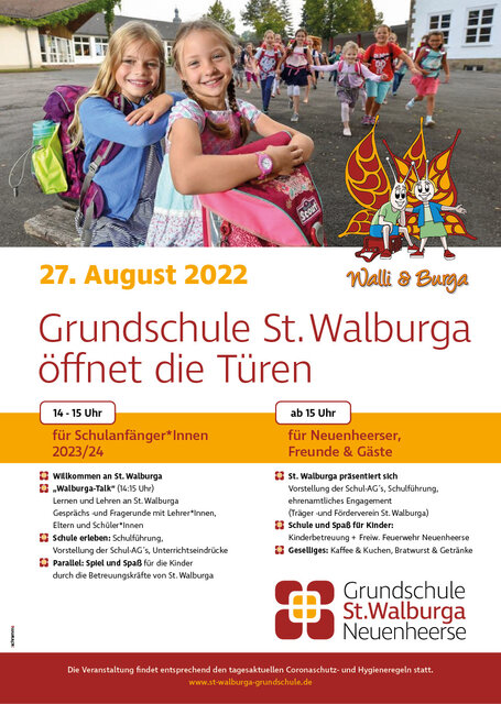 Am 27.08.2022 (Sa) ab 14:00 Uhr öffnet St. Walburga ihre Türen für die Schulanfänger 2023/2024